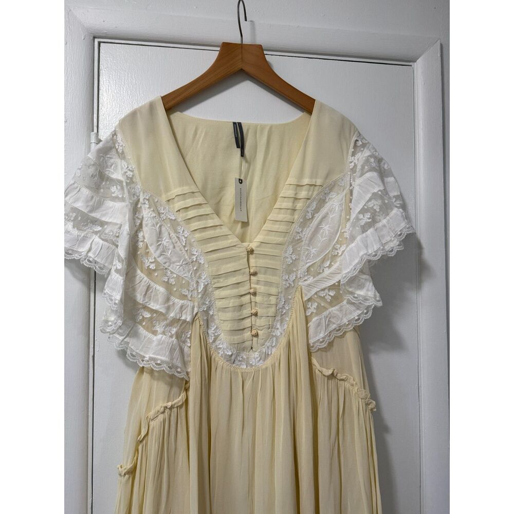 NWT Anthropologie Ivory Lace Ruffle Flutter Sleeve Maxi Dress L $228